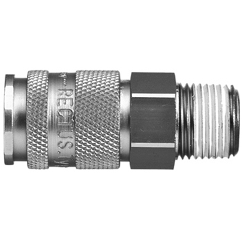 45250000 Coupling - Single Shut-off - Male Thread Rectus and Serto Single shut-off quick couplers work without a valve in the nipple but with a valve in the quick coupler. The flow is stalled when the connection is broken. (Rectus KA serie)