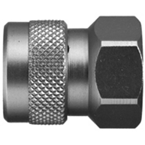 48201000 Coupling - Straight Through - Female Thread Rectus en Serto Straight through quick couplers with full bore works without a valve and thus achieve the best possible flow (flow). The turbulence which is normally caused by the intergrated valves is not present.