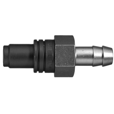 48310080 Nipple - Dry Break - Hose Barb Rectus double shut-off nipple with flatsealing or dry-break system for leak-free design. (KL series). On the coupling and plug, our leak-free coupling systems have valves that build up no dead-space volume. As such, when the connection is broken, no drops of the medium being channelled are able to escape. This variant is especially suitable for transporting aggressive media or in sensitive environments like in cleanrooms.
