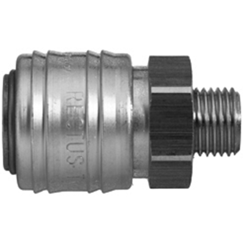 48701500 Coupling - Single Shut-off - Male Thread Rectus and Serto Single shut-off quick couplers work without a valve in the nipple but with a valve in the quick coupler. The flow is stalled when the connection is broken. (Rectus KA serie)