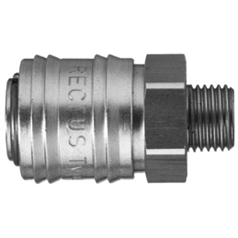 48811220 Coupling - Single Shut-off - Male Thread Rectus and Serto Single shut-off quick couplers work without a valve in the nipple but with a valve in the quick coupler. The flow is stalled when the connection is broken. (Rectus KA serie)