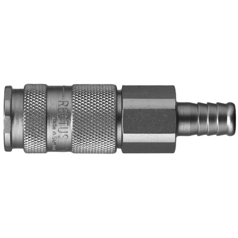 48949965 Coupling - Single Shut-off - Hose Barb Rectus and Serto Single shut-off quick couplers work without a valve in the nipple but with a valve in the quick coupler. The flow is stalled when the connection is broken. (Rectus KA serie)